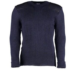 The Woolly Pully 100% Wool Blue Military Style Ribbed Mens Patch Sweater 2XL